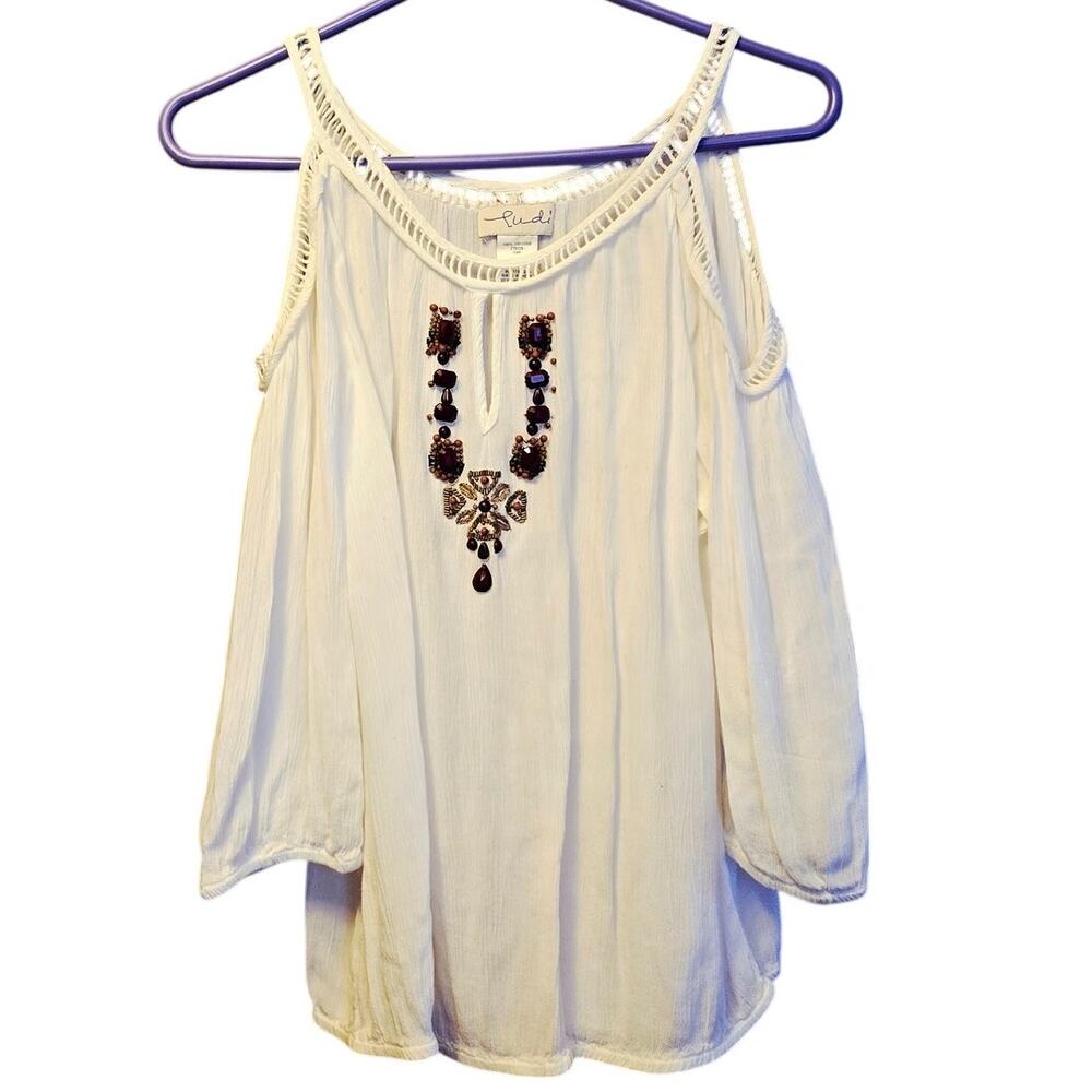 Ludi White crepe beaded cold shoulder blouse size small